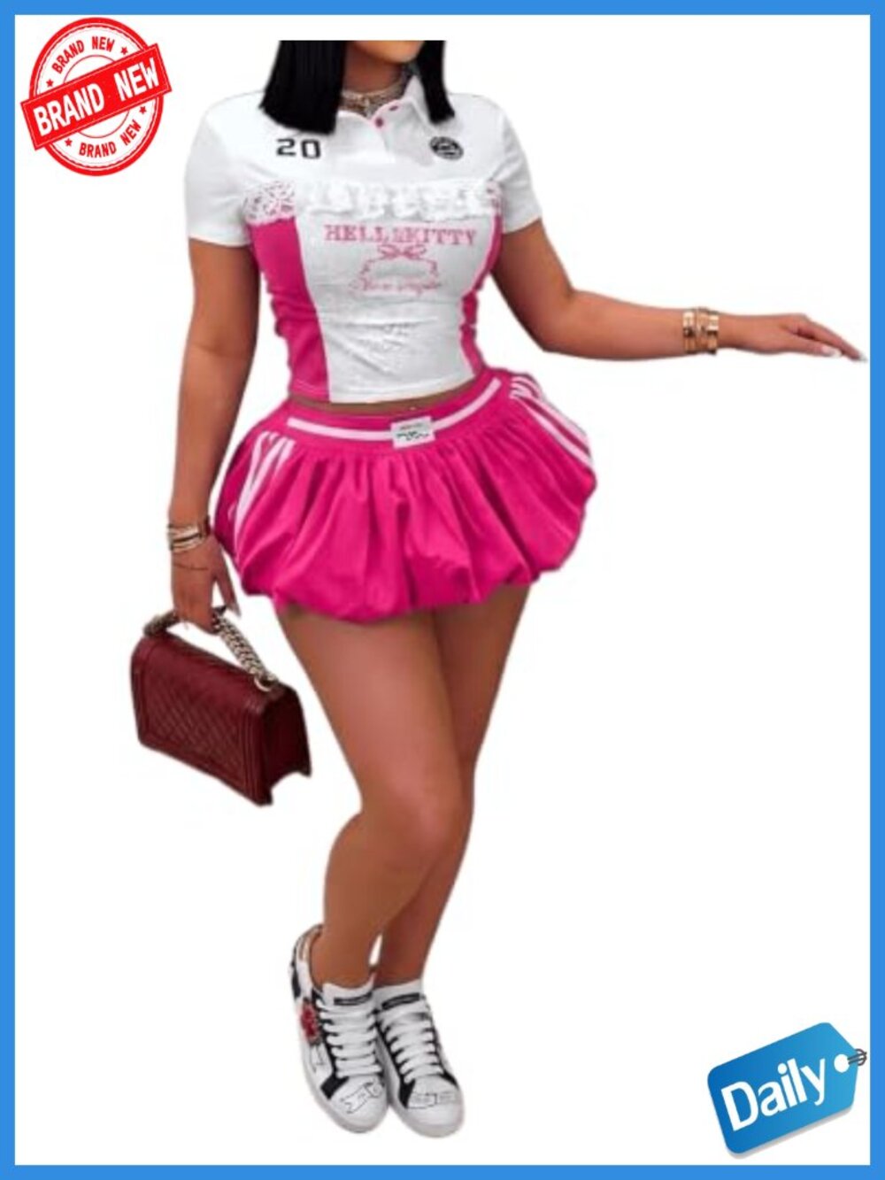 Y2K Two Piece Skirt Set Crop Top Bubble Mini Skirt